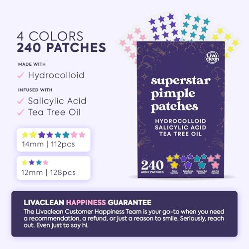 LivaClean Star Pimple Patches for Face - Hydrocolloid Acne Patch, 240 Patches, Cute Star Sticker for Healing
| LivaClea